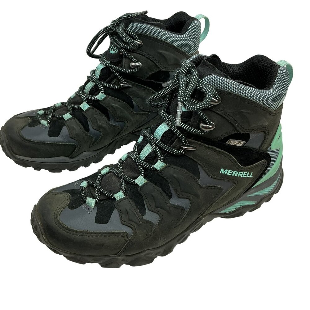 Merrell Adventurine QDry Waterproof Leather Hiking Boots Womens 9 Black & Mint